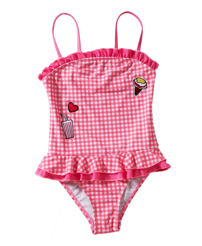 Ruffle Trim Red Plaid Little Girls Swimsuit