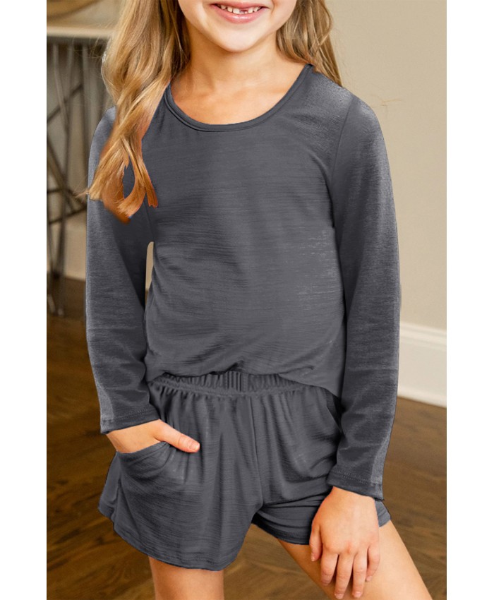 Gray Little Girls Casual Long Sleeve Pullover and Shorts Set
