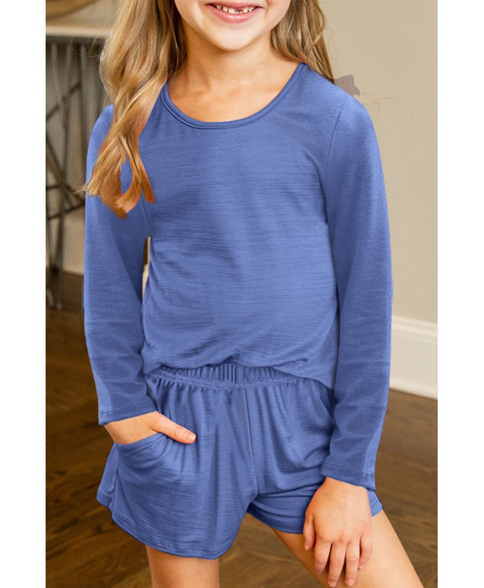 Blue Little Girls Casual Long Sleeve Pullover and Shorts Set