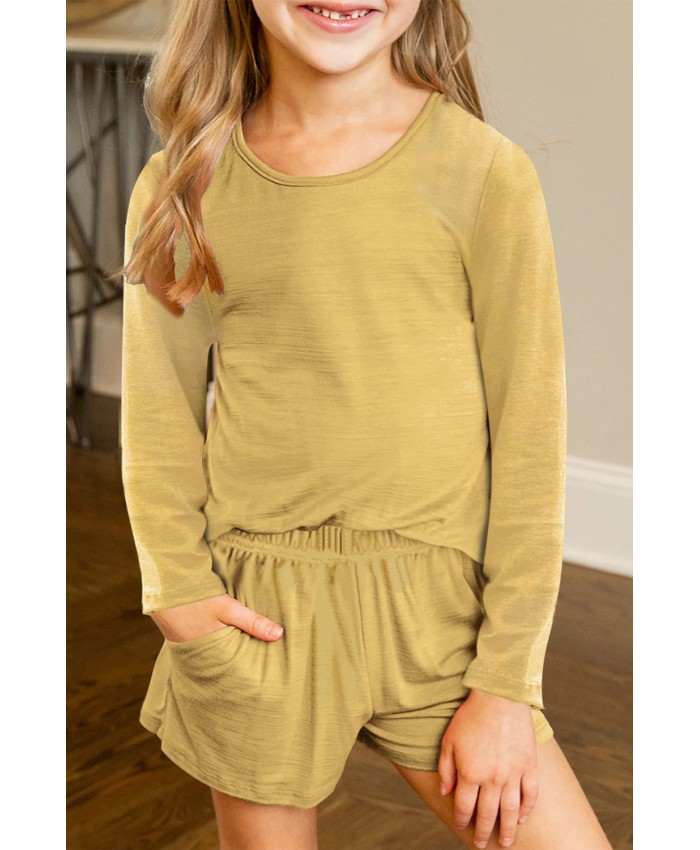 Yellow Little Girls Casual Long Sleeve Pullover and Shorts Set